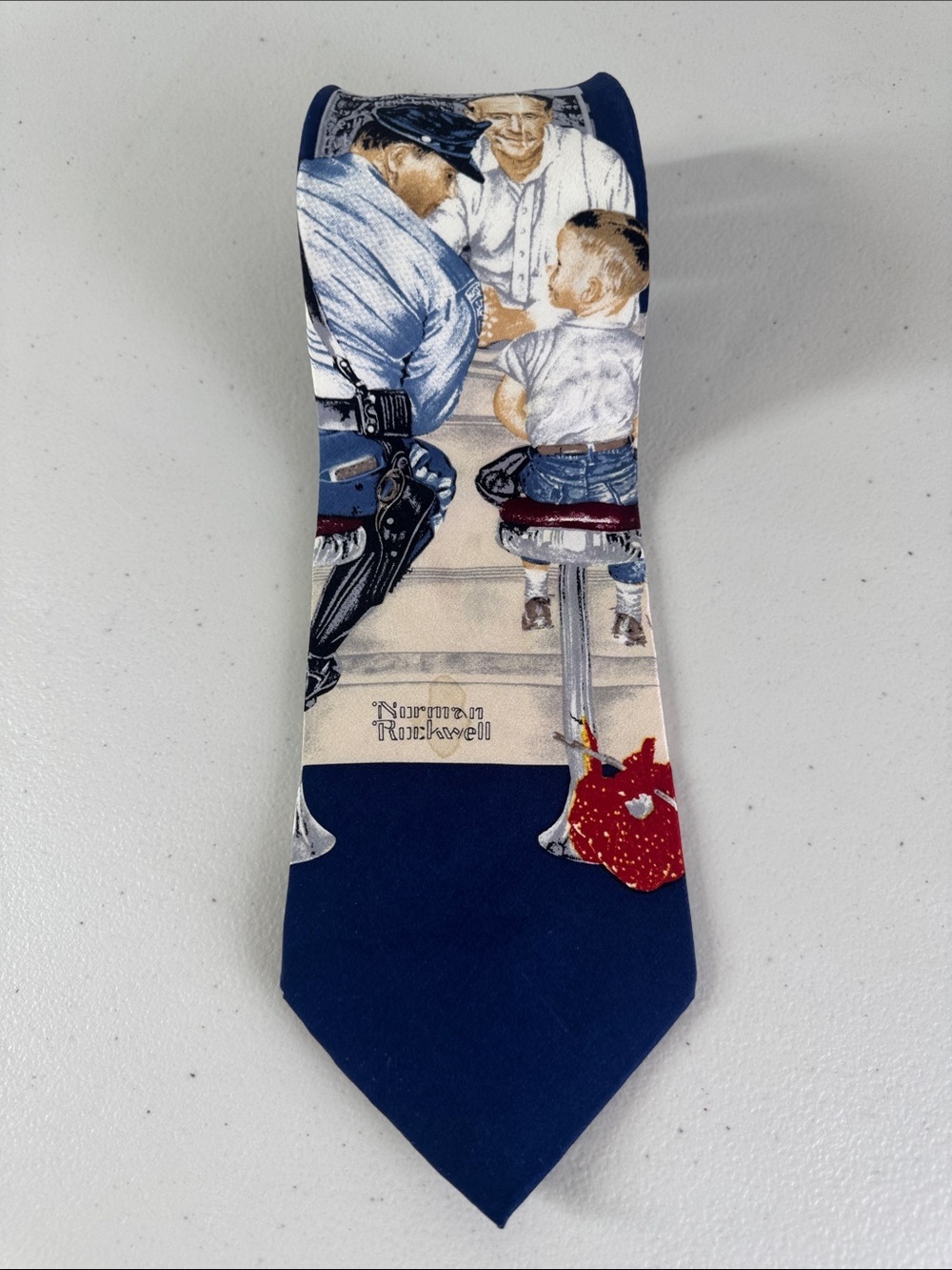 Vintage Norman Rockwell People Novelty Print Silk Navy Patterned Necktie - Picture 2 of 14
